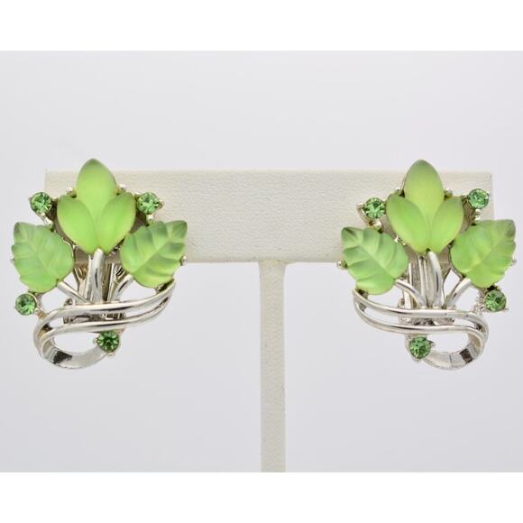 Vintage Leaf Clip On Earrings Frosted Green Rhinestone Crystal Silver Tone BinAG - Picture 1 of 12